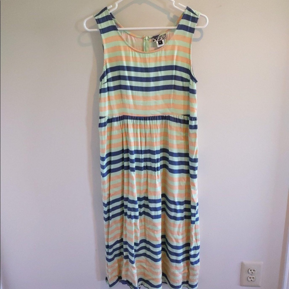 Anthropologie Striped Orange/Green/Blue Midi Dress - Size 6